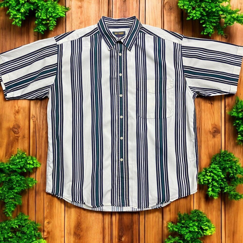 Gulf Traders Vintage 90s Striped Multicolor White Button Front Shirt Mens Large